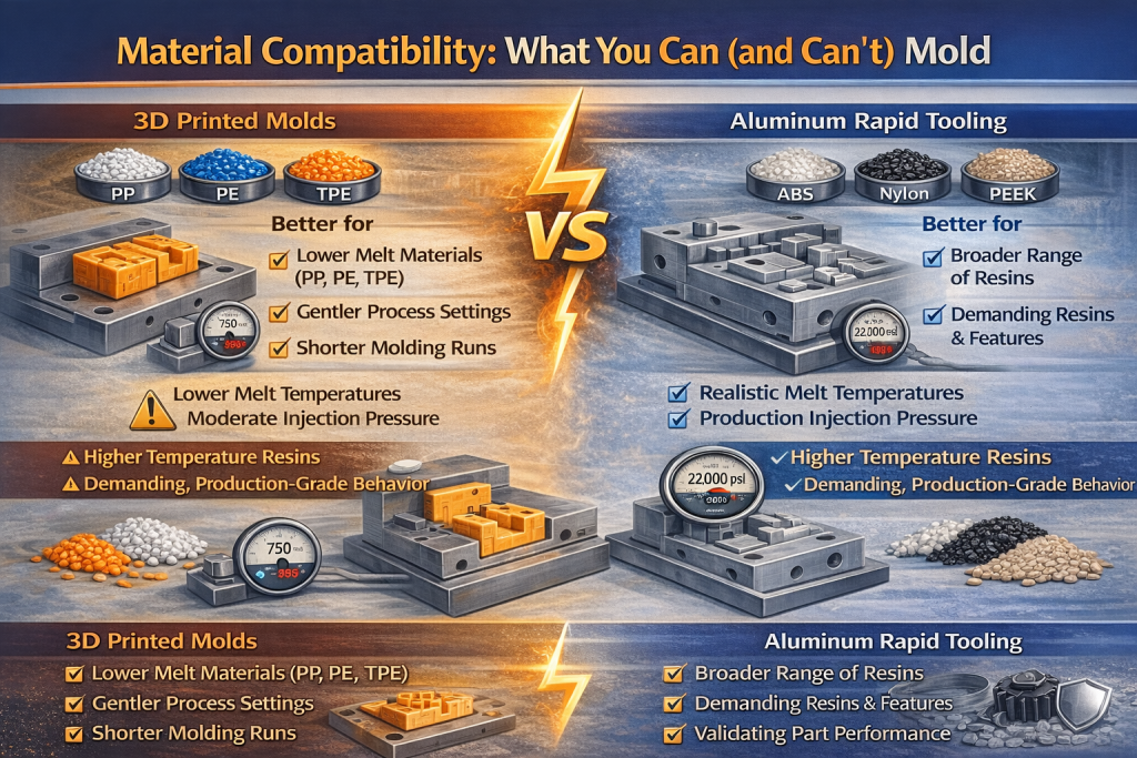 3d printed molds vs aluminum rapid tooling material compatibility