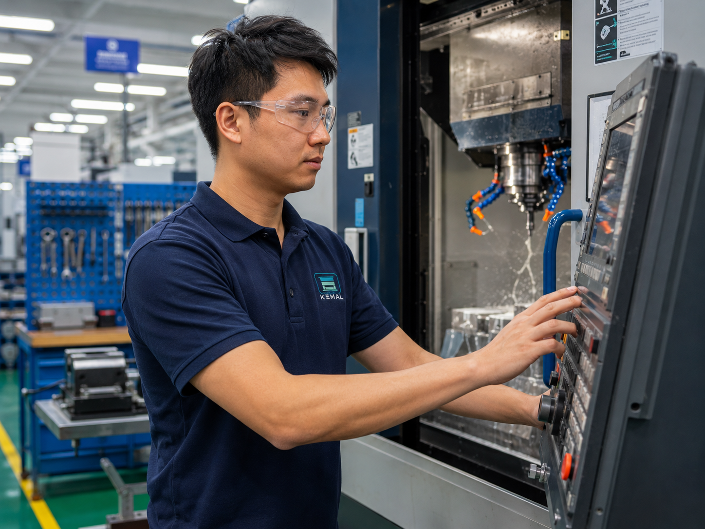 CNC machining operator in Kemal workwear operating CNC equipment