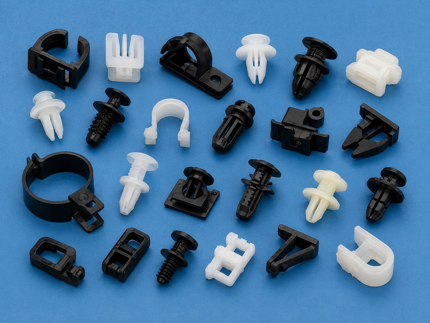 Nylon injection molded clips, push fasteners and retaining components