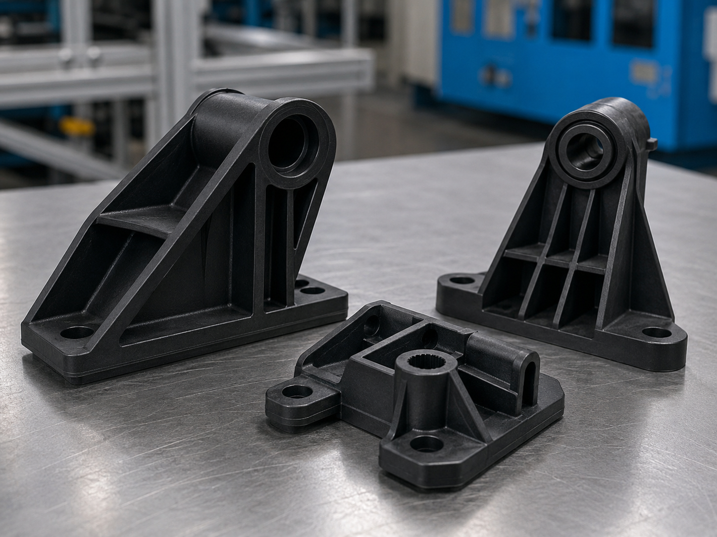 Nylon injection molded structural brackets and mounting components with ribs and bosses