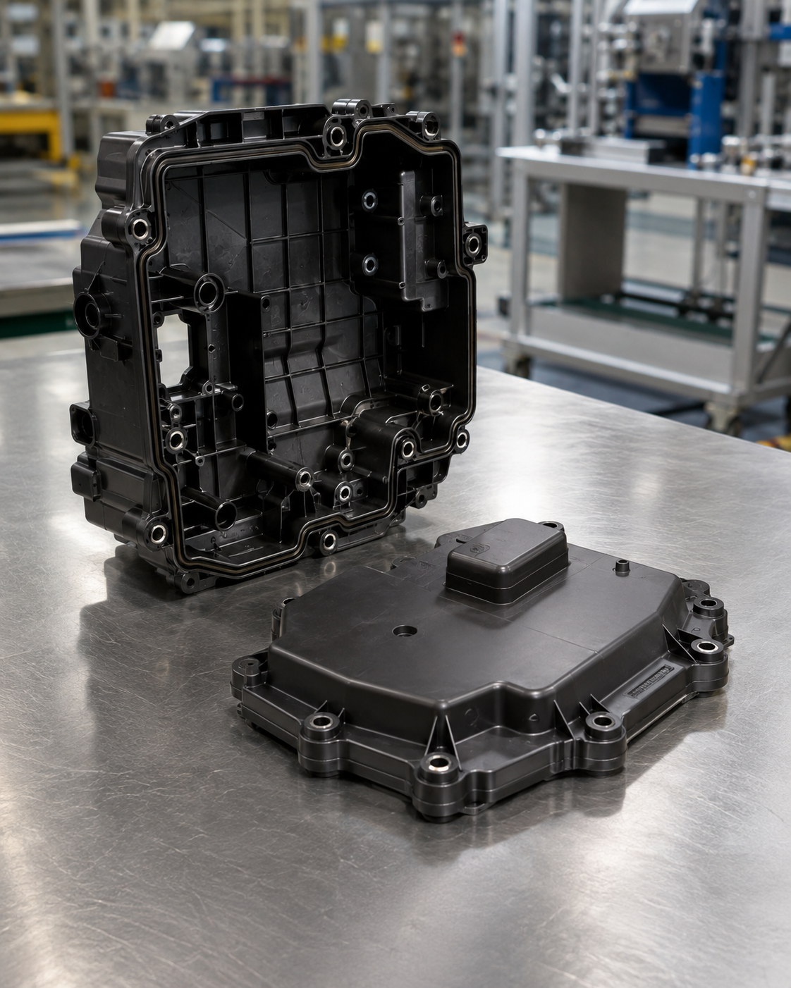 Automotive plastic housing and cover with molded ribs, sealing edges and mounting features