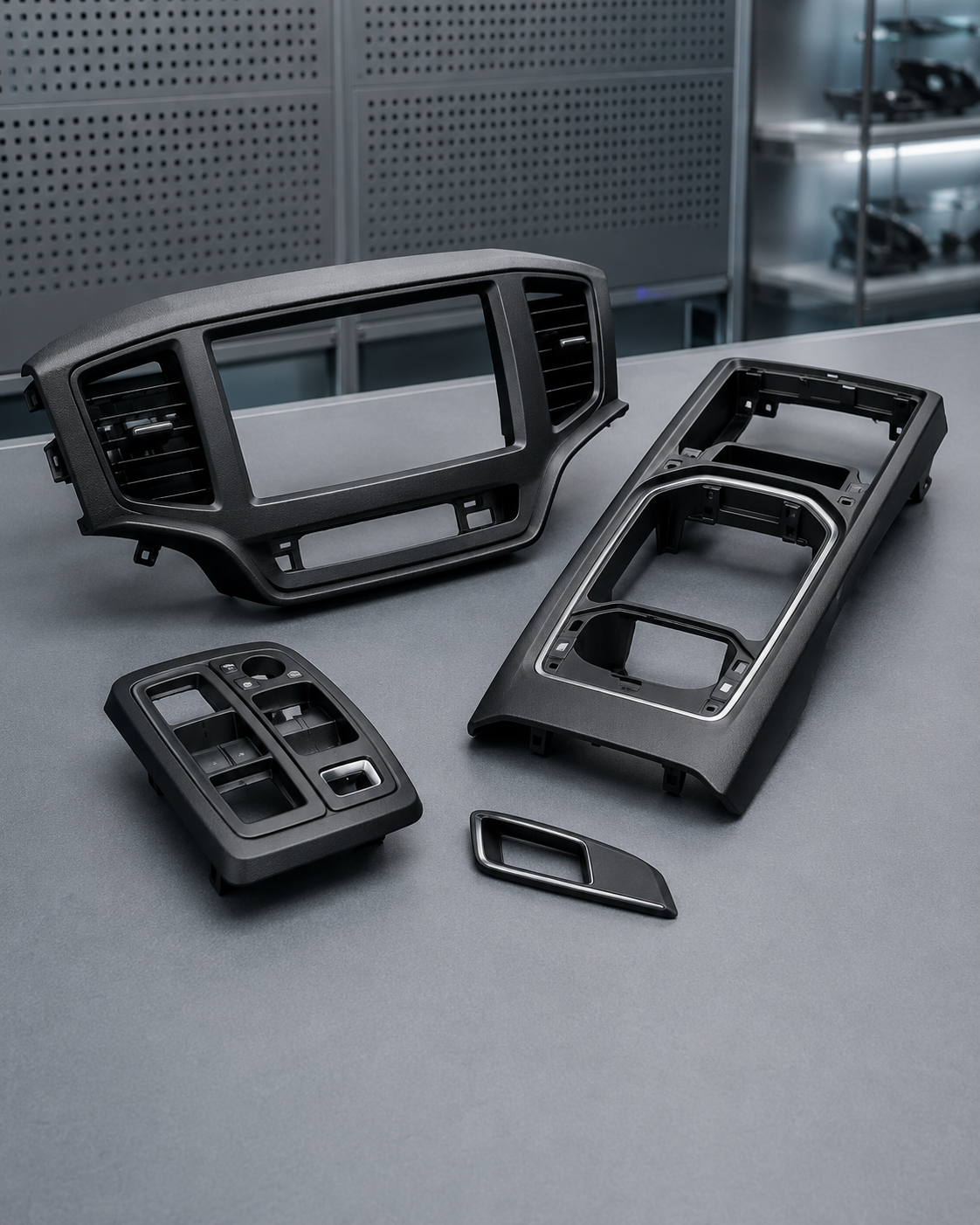 Automotive interior bezels and trim parts with visible molded surfaces and precise openings