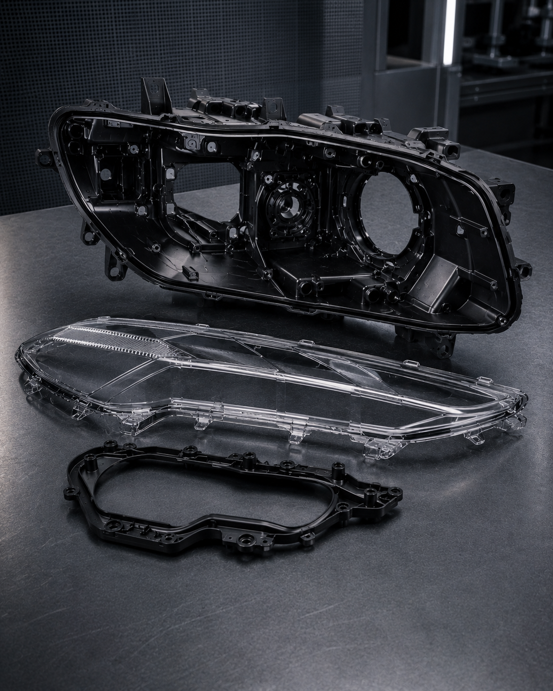Automotive lighting housing, transparent lens and molded interface components