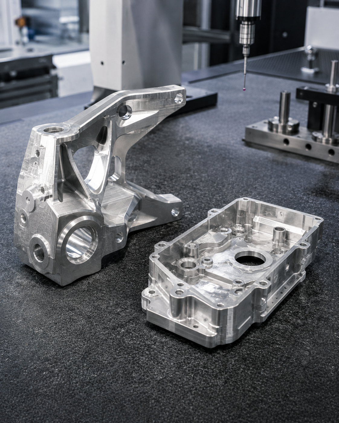 CNC-machined automotive aluminum components on a precision inspection table