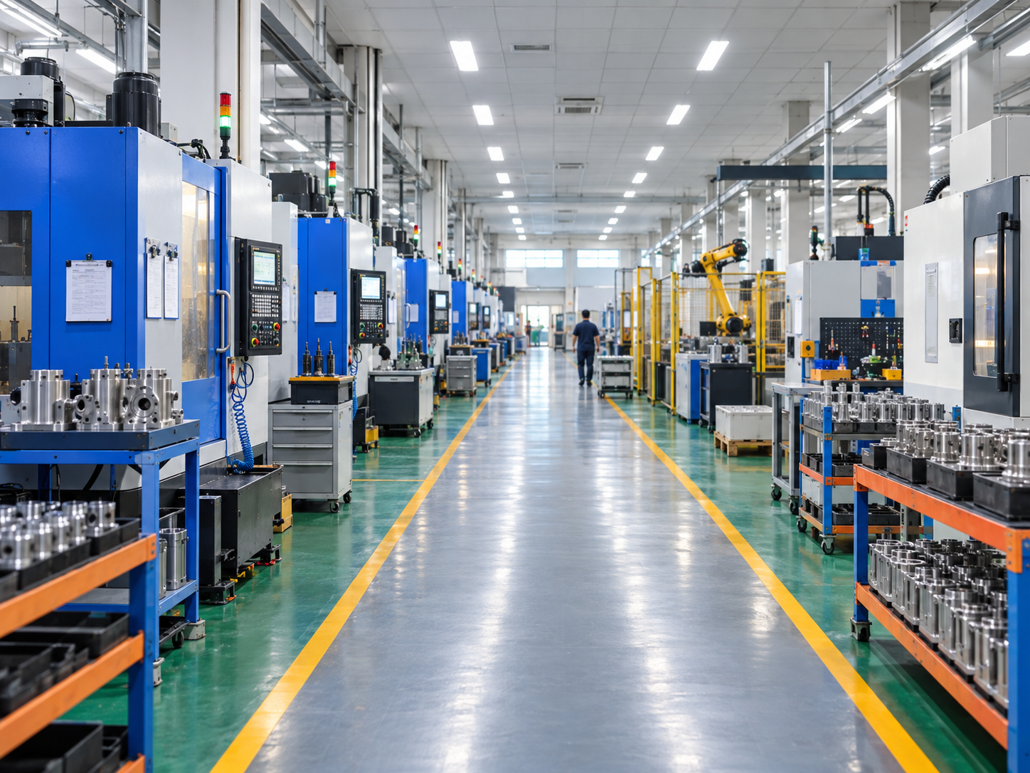 Precision manufacturing facility with CNC equipment and machined automotive components
