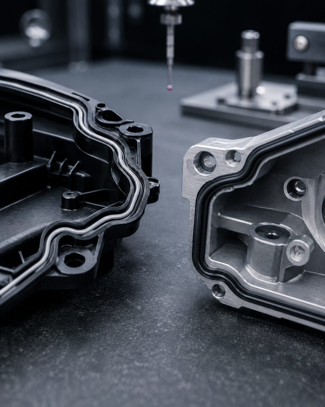 Automotive sealing and interface components with grooves, mating surfaces and precision geometry