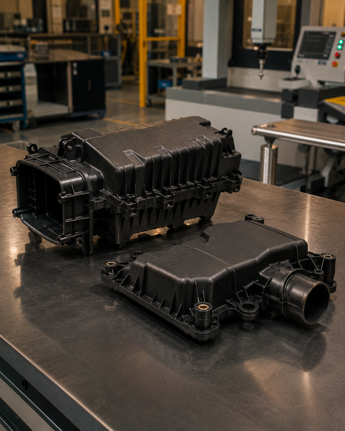 Injection-molded automotive under-hood components with reinforced ribs and mounting interfaces