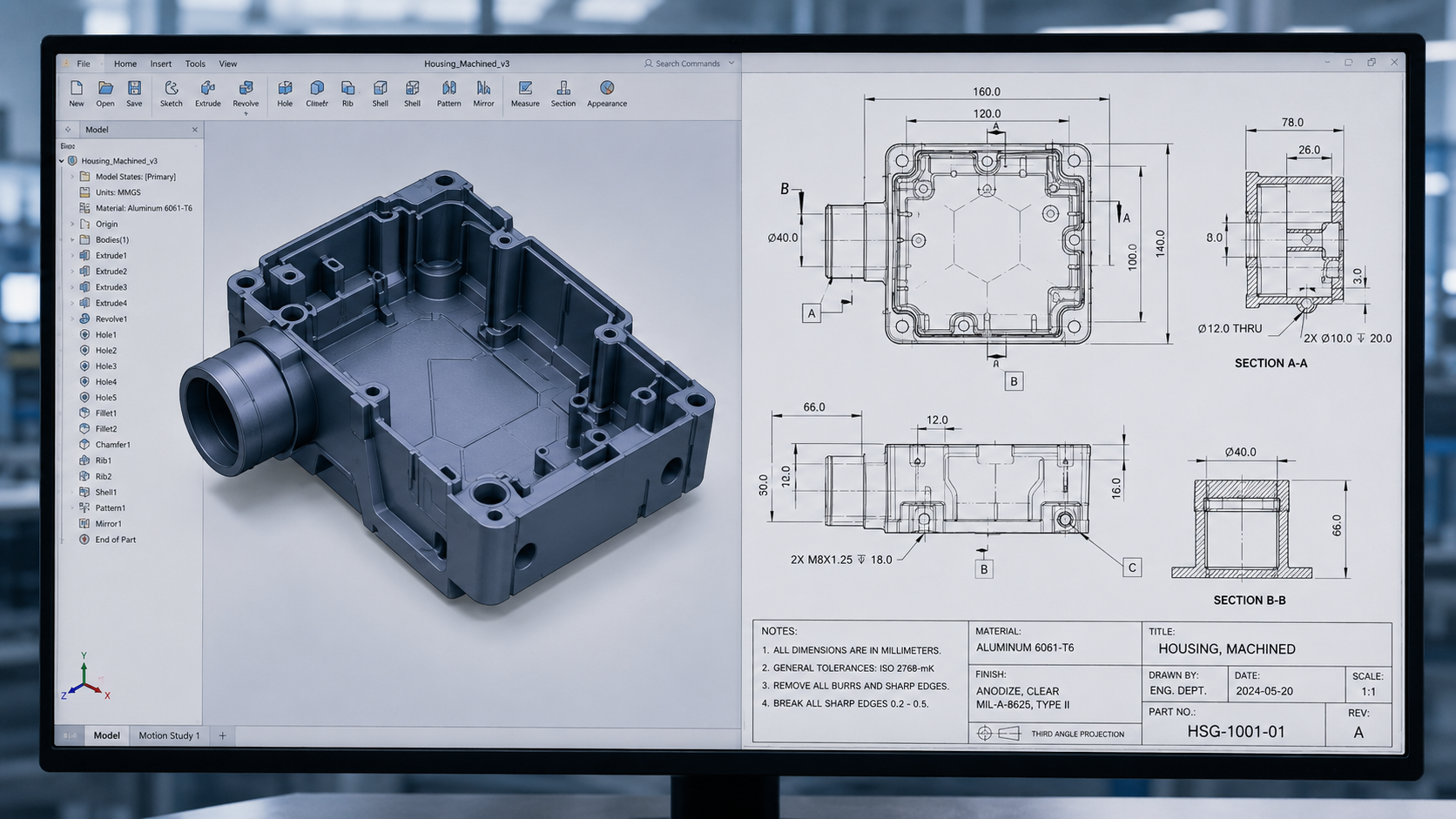 cad 3d model and 2d drawing
