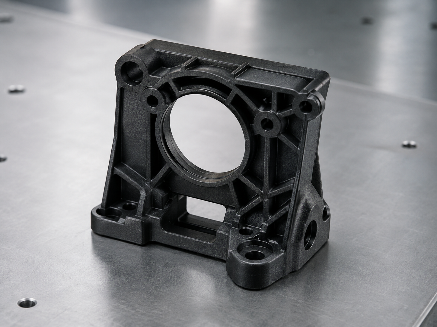 Glass-filled nylon injection molded structural bracket with reinforcing ribs