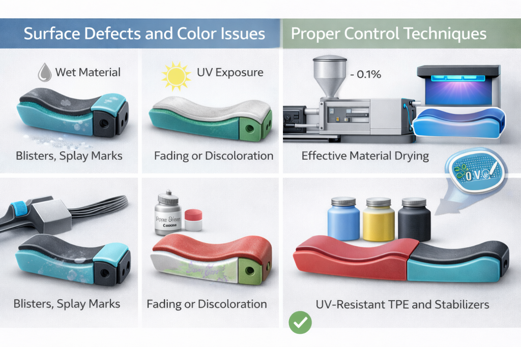 overmolding blisters splay nonuniform color fading