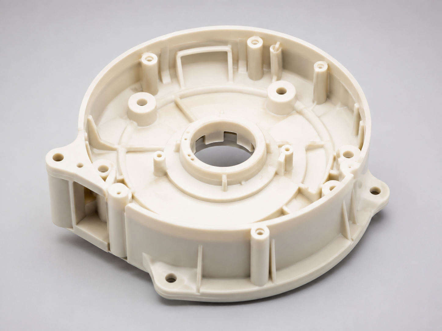 PA6 nylon injection molded mechanical housing with ribs and mounting features